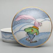Шкатулка, туалетная коробочка, ф «Круглая» рис «Зима. Заяц» 11,5х5,8 см, фарфор